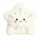Oversized snowflake plush with soft white body, blue embroidery, blushing cheeks, and bright smile